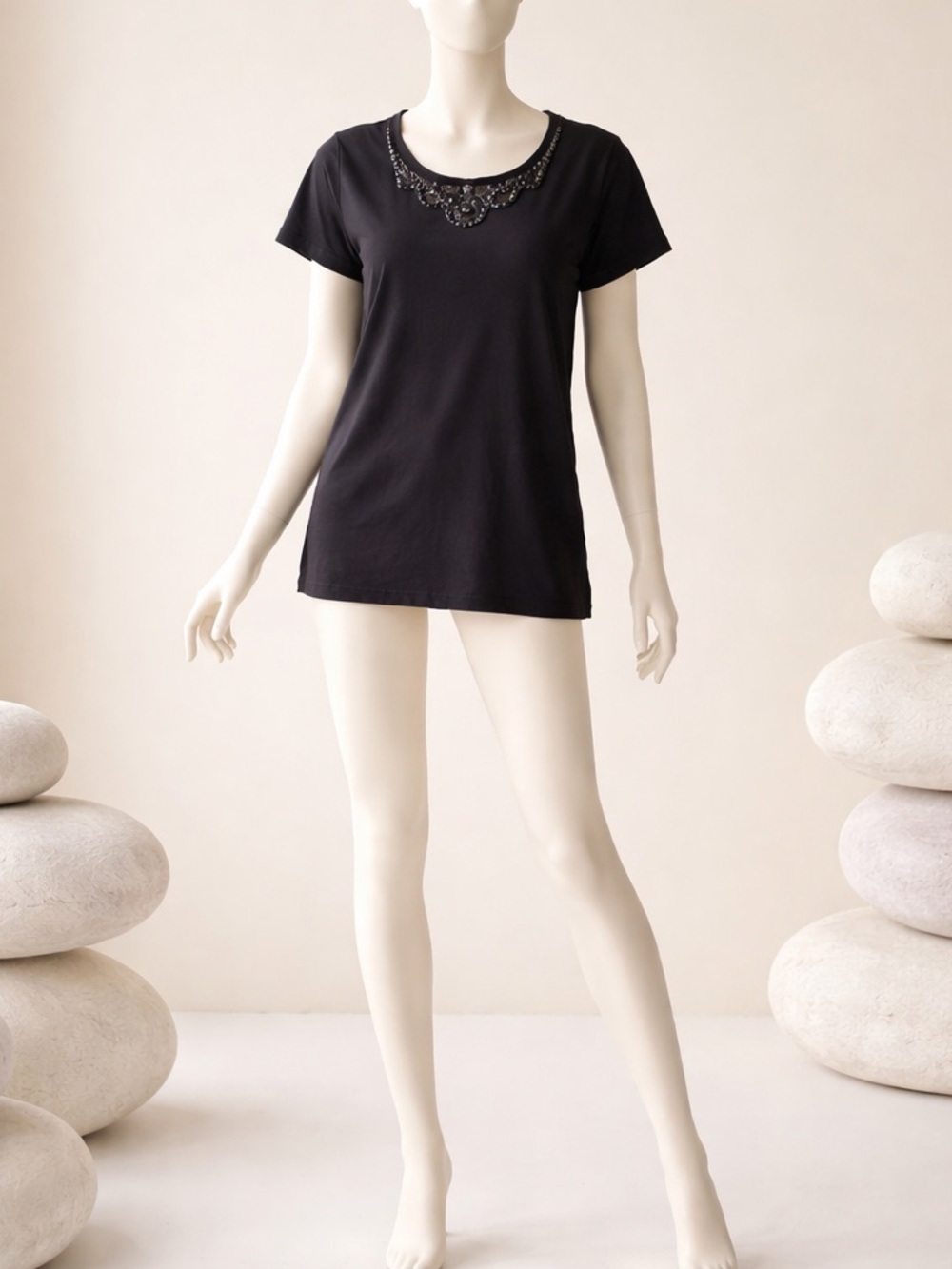 Caslon Black Short-Sleeve Embellished Neck Tee
